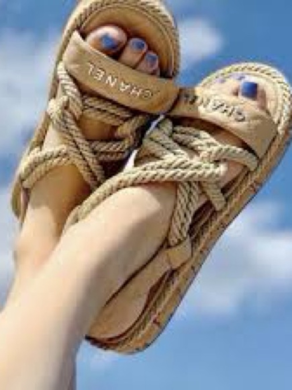 Chanel beige leather and rope quilted logo sandals.
